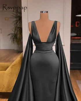 Longo preto de Vestidos de Noite em 2020 com decote em V sem Mangas Dubai Mulheres Cetim de Alta Qualidade Formal Vestidos de Festa à Noite Com Xale