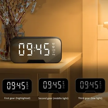 Multifunções Espelho Relógio LED sem Fio 5.0 Bluetooth, Leitor de Música Digital Relógio de Mesa com Duplo Modo de Alarme