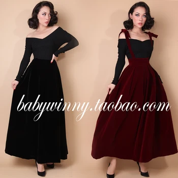 30 - as mulheres do vintage anos 50 veludo suspender chaves preto borgonha saia longa plus size faldas jupe longue de veludo macacão, saias