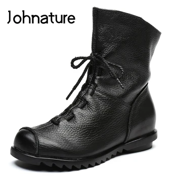 Johnature Ankle Boots com Zíper Dedo do pé Redondo Liso Com Cor Sólida Senhora Sapatos Cruz-empate em 2020 Novas Outono Inverno Retro Mulheres Sapatos