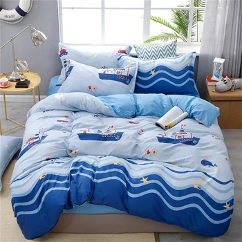 1cartoon veleiro conjunto de roupa de crianças de roupa de Cama azul linhas de capa de edredão conjunto de tampa de cama+fronha quarto de criança colcha de cama de casal