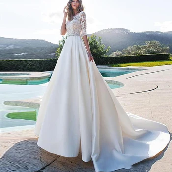 2021 Novo Casamento da Princesa Vestido de Mangas Metade Elegante Appliqued Uma Linha de vestidos de Noiva Com Bolsos do Vestido de Casamento Vestido De Noiva