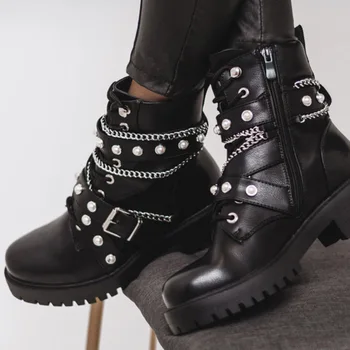 Nova marca de Moda Dropship Cadeias de Pérolas, Sapatos de Inverno Mulheres Ankle Boots Maré Pneu antiderrapante exclusiva Legal Motos Botas Calçados