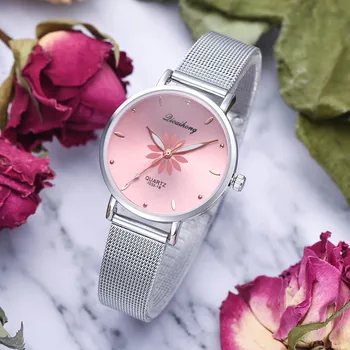 Mulheres Relógios de pulso de Luxo Prata Popular marcar Rosa Flores de Metal Pulseira de Senhoras Quartzo Relógio de Moda Relógio de Pulso de 2019 Superior Fi