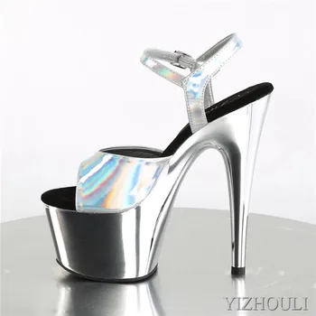 Verão sexy sandálias, modelo boate 17 cm galvanizados de salto agulha, de aço brilhante sapatos de dança