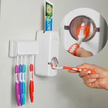 Montado na parede Automática Dispensador de pasta de dente e Suporte 5 Suporte da Escova de dentes Stand