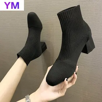 Senhora de Tecido Elástico de Calçado de Mulher 2020 Salto Alto Luxo Designer Dedo do pé Redondo Senhoras de salto alto da Moda Tornozelo botas de Borracha Outono