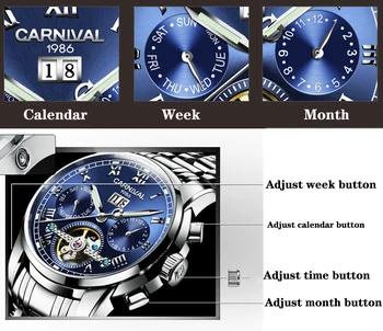 CARNAVAL de Luxo de Alta Qualidade Turbilhão mecânica Homens Relógios de Negócio Vestido de relógio de Pulso, para Homem de Aço Relógio Impermeável Masculino