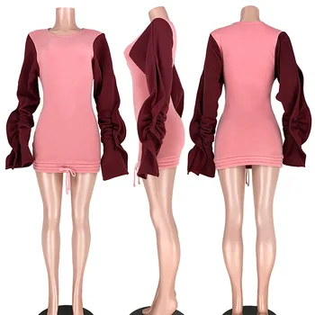 Casual, Mulheres de Vestido renda Manga Cordão de Cor Patchwork Mini Vestido de Streetwear vestidos para as mulheres do vintage vestido