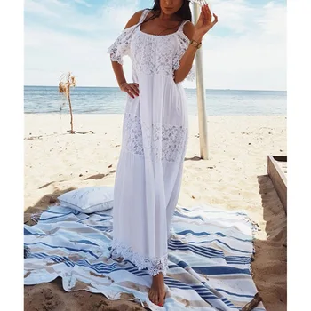Ordifree 2021 Verão As Mulheres Long Beach Vestido Vintage Off Ombro Laço Branco Solto Maxi Dress