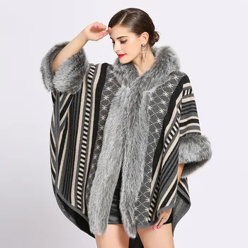 SWYIVY 2019 Moda Listra Imitação Casaco de Pele Manto Mulheres com Capuz de Malha do Cabo Xale de Outono Inverno Manto Outerwear Poncho Quente Capes