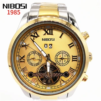 Mecânico automático NIBOSI Relógios de homens de Safira, Aço Inoxidável 100M Impermeável Relógios de Pulso de Ouro Tourbillon Esporte Homens Assista
