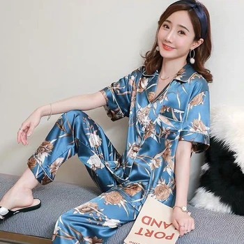 WAVMIT Conjuntos de Pijamas para Mulheres Encantadoras Conjunto de Pijama de Seda de Manga Curta + Calça comprida Casa Desgaste Preguiçoso Estilo as Mulheres Cueca Pijamas
