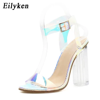 Eilyken Verão Sexy PVC Transparente saltos Altos Mulheres Sandálias Sapatos de Fivela de Cinta Senhoras Crystal Fashion Square Salto Sandálias de Festa