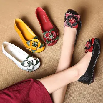 2020 Novas Chegada Designer Vintage Mãe De Verão Womens Sapatos De Couro Genuíno Flats Flor Branca, Sapatos De Couro Mulher Flats