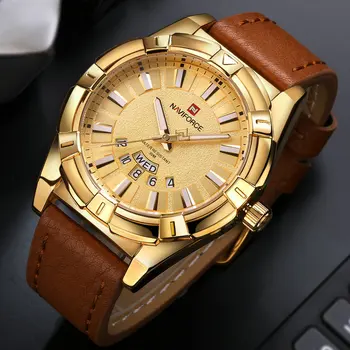 Homens Relógios de Luxo NAVIFORCE Marca de Topo Impermeável Esporte Relógio de Couro dos Homens Analógico de Quartzo Relógios de pulso de Homem Calendário Relógio de Ouro