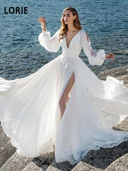 LORIE Praia de Casamento Chiffon Vestidos de Branco 2020 Longo Inchados de Manga com decote em V de Alta Fenda Vestidos de Noiva de Volta Aberto de Casamento Vestidos de Festa