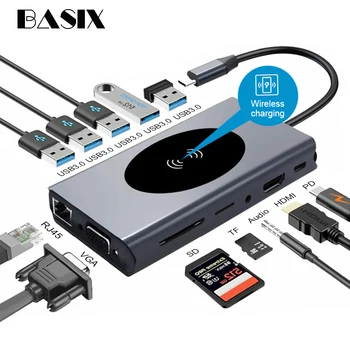 USB C Docking Station compatíveis com HDMI, RJ45, VGA AUX PD USB C Hub para o Portátil Macbook Pro com 3,5 milímetros para Fone de ouvido Tipo C Hub