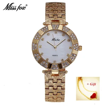 MISSFOX Strass Cristal Mulheres de Vestido Relógio de Luxo Analógico Impermeável Ouro Quartz Ladies Pulseira Relógios do Presente do reloj mujer