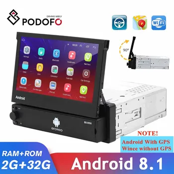 Podofo Car Multimedia Player Retrátil Android Wifi GPS Opcional Autoradio 1 Din com Tela de Toque Receptor Estéreo Suporte para Câmera