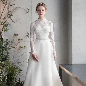 Vestido de Casamento chique 2020 Longo Sleevees Com Faixas Lace Vestido de Noiva de Cetim com gola Alta, Vestidos de Casamento Vestido De Noiva