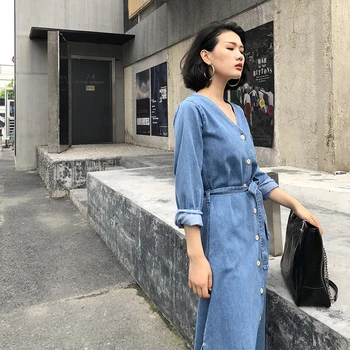 YAMDI 2020 mulher elegante vintage parte de uma linha primavera verão midi vestido jeans para mulheres vestidos coreano manga longa single-breasted