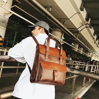 2019 Vintage Backpack do Laptop dos Homens PU de Couro, mochilas, sacos de escola para o adolescente Viagens de Negócios bolsa traseira macho bookbag Retro