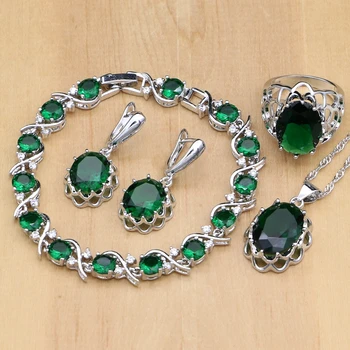 Prata 925 Conjuntos de Jóias Verde Zircão Branco CZ Esferas de Jóias de Mulheres Sensuais Brincos/Pingente/Anéis/Pulseira/Colar Definir