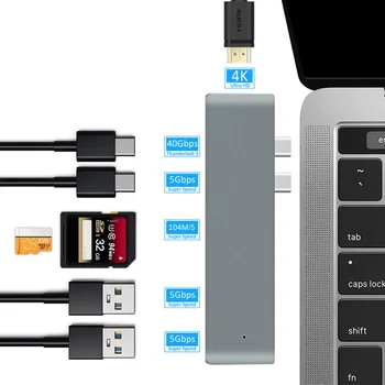 Dupla tipo-c USB C MacBook pro Laptop Estações de Encaixe Compatível com HDMI TF leitor de cartão SD HUB de ancoragem 4K de Apoio 2018 mac ar
