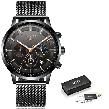 Relógio LIGE Mens Relógios de Marca Top de Luxo Casual de Quartzo relógio de Pulso de Moda masculina de Aço Inoxidável, Impermeável Desporto Cronógrafo+Caixa
