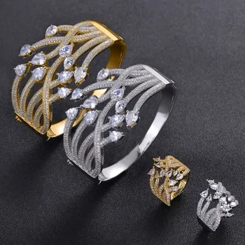 Zlxgirl mulheres tamanho pulseira de casamento anel conjuntos de jóias de água forma de gota zircônia cúbica pulseira bijoux livre sacos e caixa