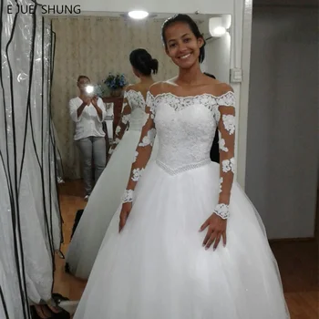 E JUE SHUNG Branco Apliques de Renda de Mangas compridas, Vestidos de Noiva Fora Do Ombro Pérolas Vestidos de Noiva Vestidos de Casamento