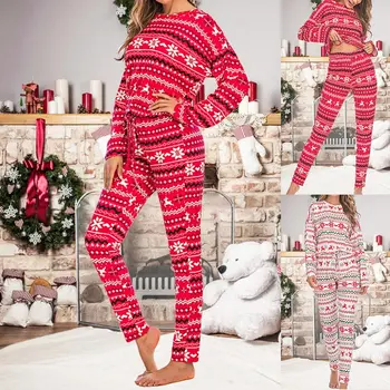 Natal Pijama Duas Peças De Conjuntos De Mulheres De Inverno De Bonito Imprimir Tops De Manga Longa E Calça Comprida Casa Se Ajustar As Senhoras Da Moda De Pijamas