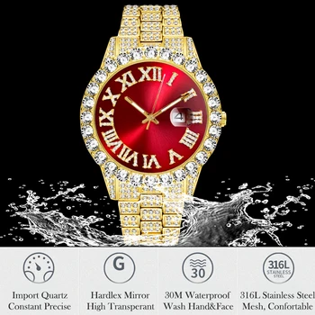 Bling Diamante Totalmente Gelado Fora Assistir Homens de Hip Hop de Luxo de Ouro 18K Mens Relógios de Quartzo Homens relógio de Pulso de Homem de Impermeável Reloj Hombre