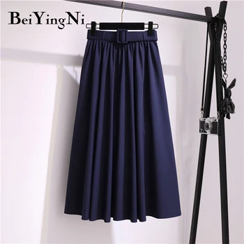 Beiyingni Coreano Preppy Style Midi Plissada Saia Com Cinto Vintage Casual Elegante Cintura Alta Senhoras De Saia Maxi Longo Faldas Mujer
