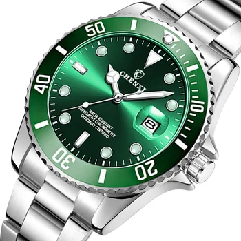 Luxo Homens Verdes Relógios Clássicos de Aço Inoxidável de Prata 30M à prova d'água Casual Homens de Negócios do Esporte Relógio de Pulso Movimento de Japão