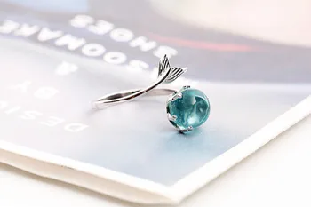 Prata 925 Esterlina de Abrir o Cristal Azul Sereia Anéis para Mulheres Meninas a Presente Declaração de Jóias de Tamanho Ajustável Anel de Dedo