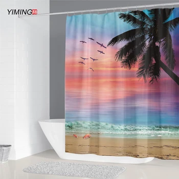 Cortina de banheiro 3D paisagem à beira-mar da praia do sol impressão de poliéster impermeável cortina de chuveiro decoração de casa com o gancho da cortina