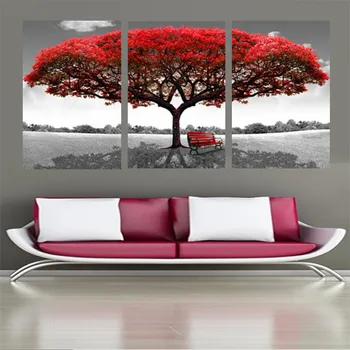 Tela De Pintura Modular Framework Imagem Arte De Parede Decoração Da Casa 3 Painel Vermelho Árvore Para Sala De Estar Moderna De Impressão Tipo
