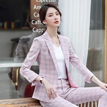 O temperamento das Mulheres Terno Xadrez Conjuntos de Calças Outono de alta qualidade slim xadrez senhoras jaqueta de terno Casual calças de Duas peças de 2019 Novo