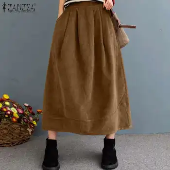 2021 Outono Mulheres do Vintage de Cintura Alta, Saias ZANZEA Longo Faldas Saia Casual Sólido de Veludo Saia Solta Jupe Plus Size