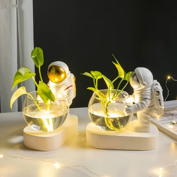 Com Luz LED Pluggable Bateria Criativa Vaso de Vidro Resina Astronauta Mergulhador Ornamentos, Vasos de Flor Hidroponia área de Trabalho de Decoração de Casa