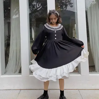 Outono inverno novo dark lolita vestido de menina Japonesa auto-cultivo cintura ruffled francês cintura alta grande balanço vestido de princesa