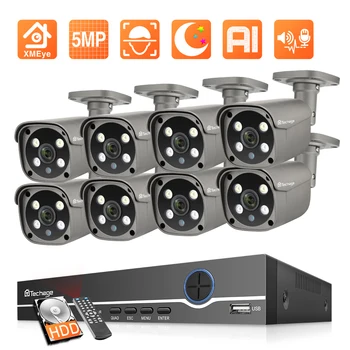 Techage H. 265 8CH Sistema de CFTV HD 5MP AI Smart POE Camera IP Exterior Impermeável de Segurança Kit de Vigilância de Vídeo Áudio em Dois sentidos