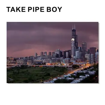 TOMAR TUBO MENINO Estados Unidos Skyline de Chicago Impressões de Arte Vista Nocturna da Cidade de Cartazes de Arte de impressão de Seda cartaz Decoração Home da Parede