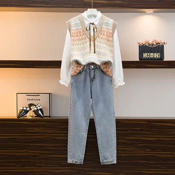 ICHOIX Escola Doce se ajustar a Coreia do Colete de Malha sem Mangas da Camisola Branca, Blusa de Cintura Alta Jeans, Calça de 3 peças Casual Conjuntos Mulheres Kit