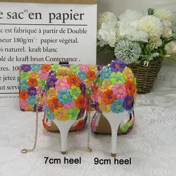 Moda multicolorida de Flores do Casamento Sapatos Combinando Com Sacos de Salto Alto Apontado Toe Ankle Strap Senhoras Festa de sapato e bolsa conjunto