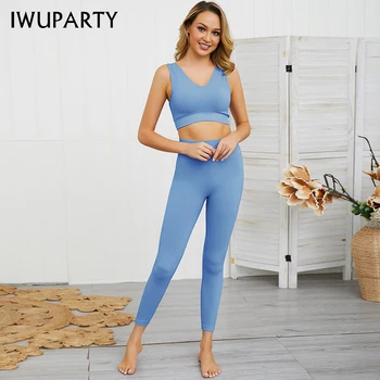 IWUPARTY 2 Peça Perfeita Conjunto de Yoga Profunda Forma de V, Sutiã Top de Cintura Alta Fitness Mulheres de Treino de Ginásio Roupas Sportwear