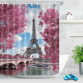 Vintage Paris, a Torre de Cortina de Chuveiro de Conjuntos de Folhas Vermelhas Sena Cenário tela Impermeável do Poliéster Cortina de Banho para Decoração do Banheiro