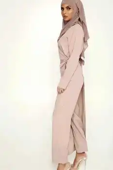 Elegante Túnica de Cetim Abaya Mulheres 2pcs Vestido de Calça de Conjuntos de Macacões Muçulmano Conjuntos de Treino de Roupas Islã Manto Sporting Terno Feminino